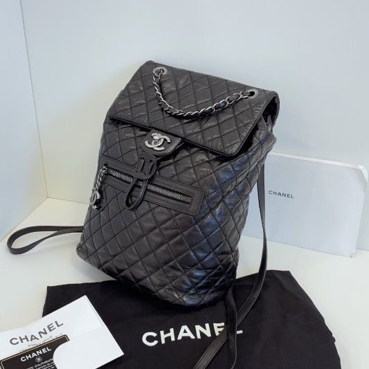 香奈兒/Chanel 黑銀油蠟牛皮 薩爾茨堡雙肩包 中號-2