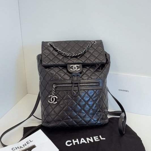 香奈兒/Chanel 黑銀油蠟牛皮 薩爾茨堡雙肩包 中號-5