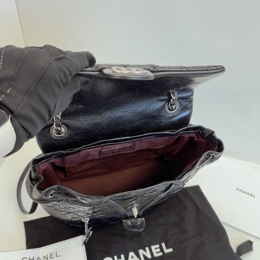 香奈兒/Chanel 黑銀油蠟牛皮 薩爾茨堡雙肩包 中號-8