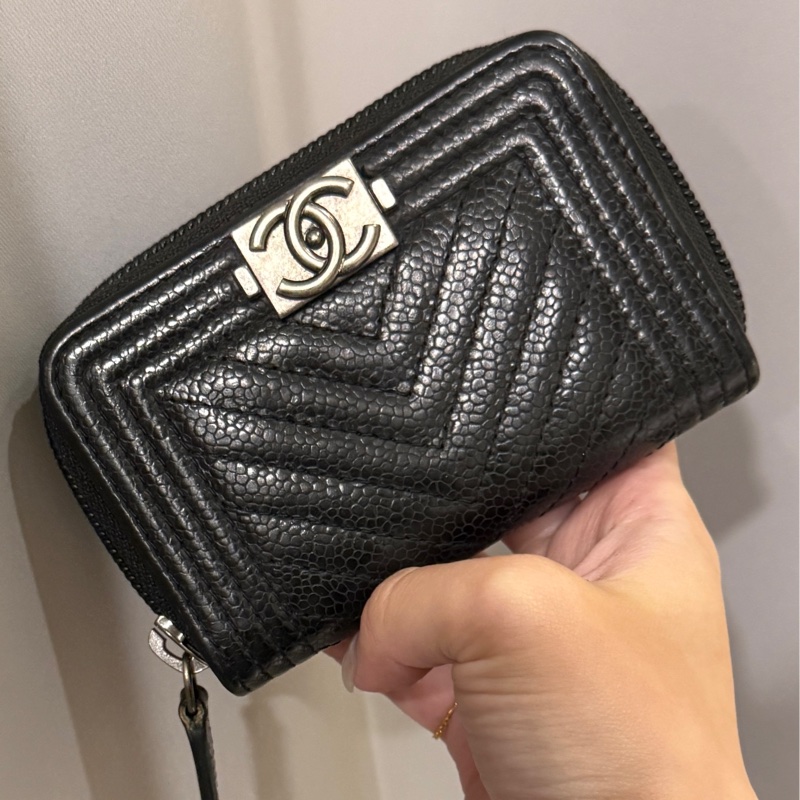 香奈兒 Chanel boy黑銀 零錢卡夾 拉鍊零錢包 卡夾-0