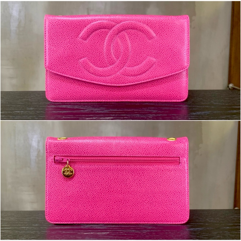 香奈兒山茶花粉紅魚子醬多用途包 Chanel Vintage Caviar Skin CC Logo Pouch In Camellia Pink + Chain-1