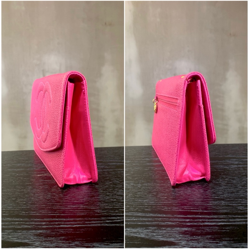 香奈兒山茶花粉紅魚子醬多用途包 Chanel Vintage Caviar Skin CC Logo Pouch In Camellia Pink + Chain-2