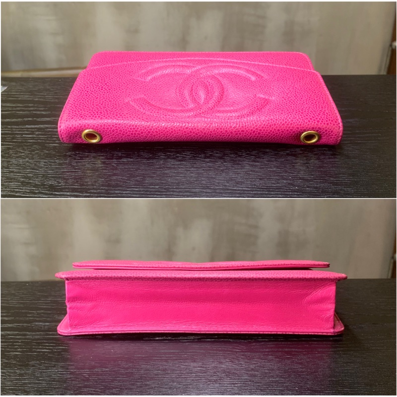 香奈兒山茶花粉紅魚子醬多用途包 Chanel Vintage Caviar Skin CC Logo Pouch In Camellia Pink + Chain-3