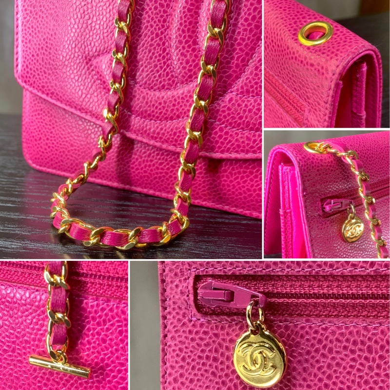 香奈兒山茶花粉紅魚子醬多用途包 Chanel Vintage Caviar Skin CC Logo Pouch In Camellia Pink + Chain-4