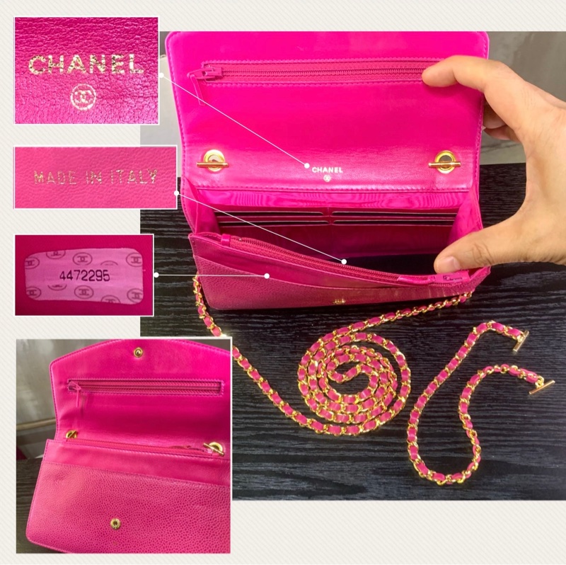 香奈兒山茶花粉紅魚子醬多用途包 Chanel Vintage Caviar Skin CC Logo Pouch In Camellia Pink + Chain-5