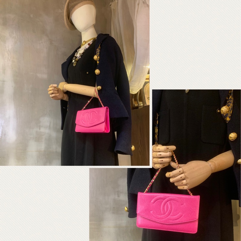 香奈兒山茶花粉紅魚子醬多用途包 Chanel Vintage Caviar Skin CC Logo Pouch In Camellia Pink + Chain-6