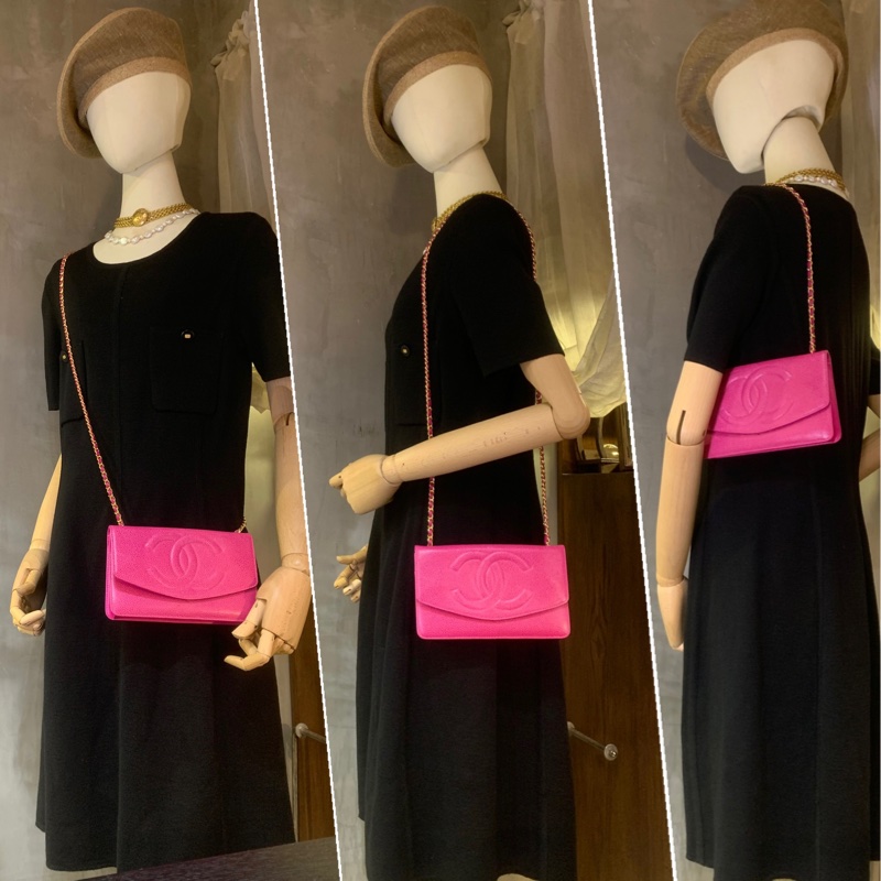 香奈兒山茶花粉紅魚子醬多用途包 Chanel Vintage Caviar Skin CC Logo Pouch In Camellia Pink + Chain-7