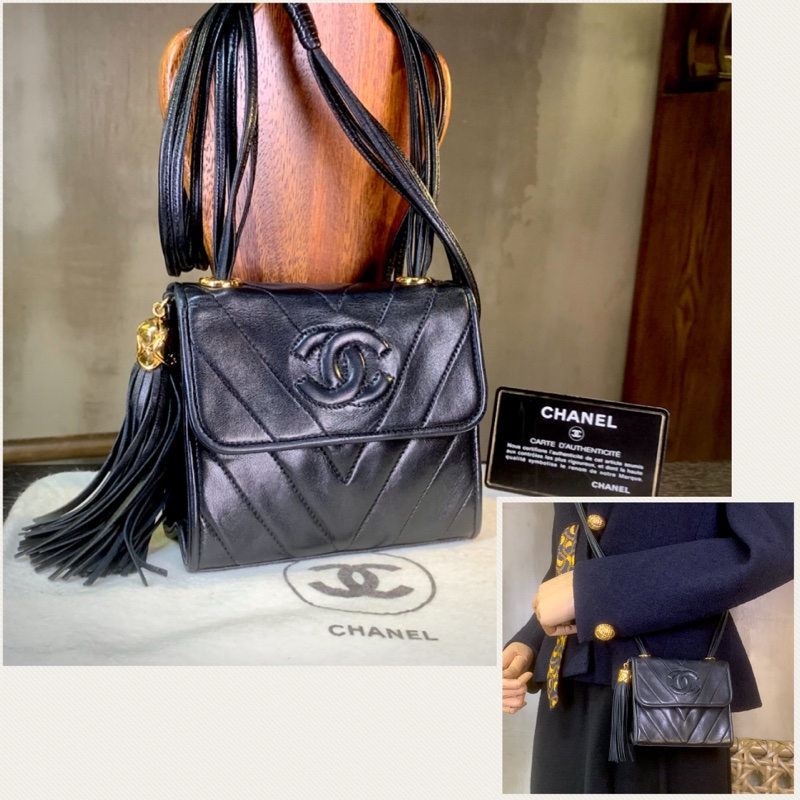 香奈兒黑色羊皮流蘇肩包 Chanel Vintage Lambskin Shoulder Bag with Tassel In Black-0