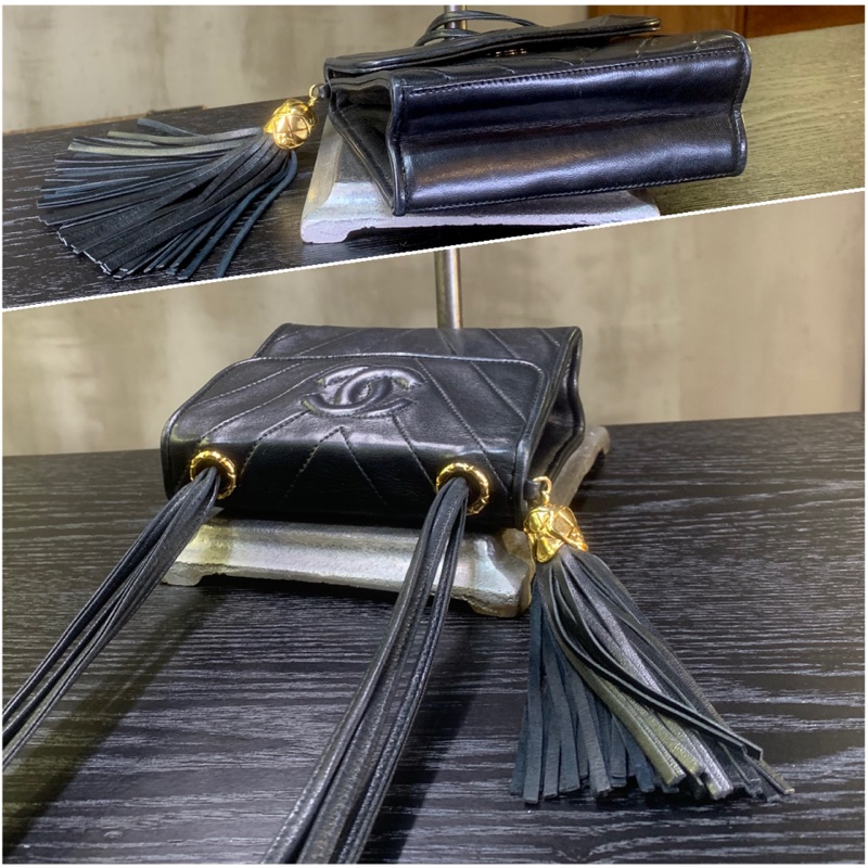 香奈兒黑色羊皮流蘇肩包 Chanel Vintage Lambskin Shoulder Bag with Tassel In Black-3