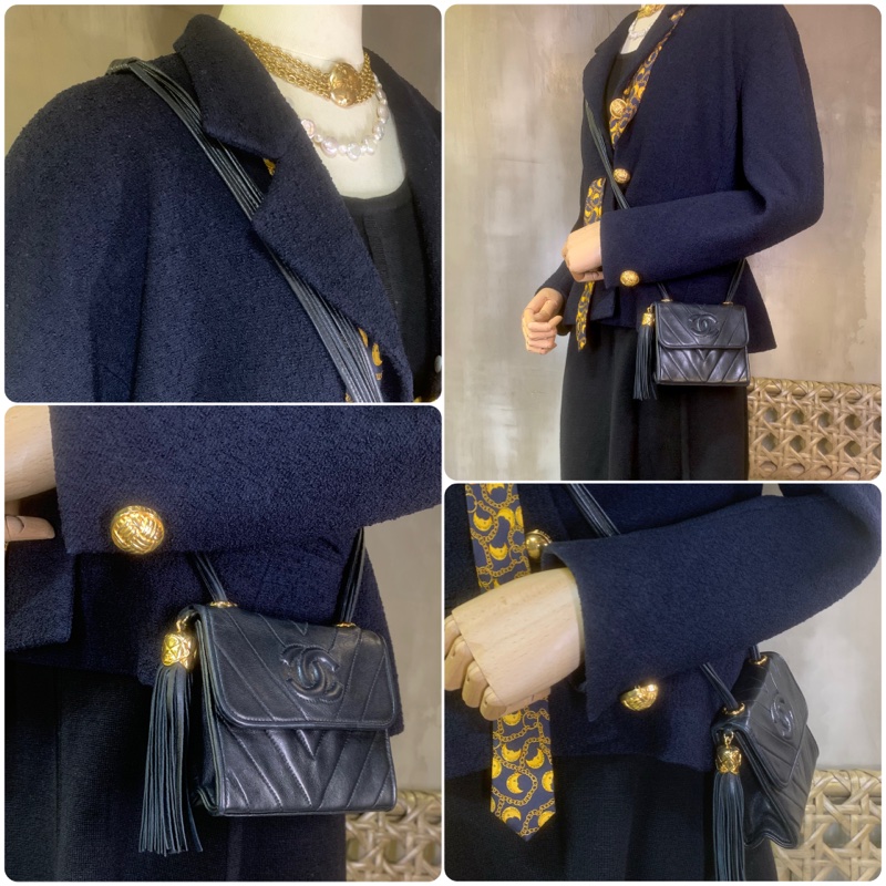 香奈兒黑色羊皮流蘇肩包 Chanel Vintage Lambskin Shoulder Bag with Tassel In Black-6