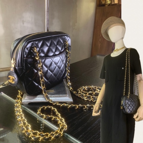香奈兒菱格紋雙鏈帶單肩包 Chanel Vintage Black Gold Diamond Quilted With 24k Gold-Plate Double Chain Camera Bag
