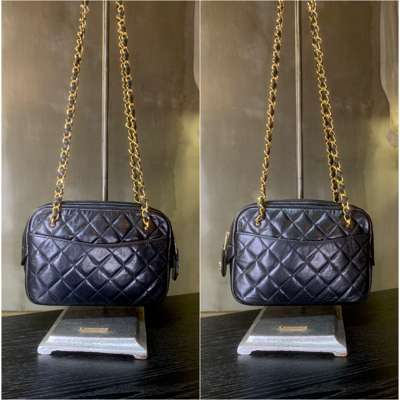香奈兒菱格紋雙鏈帶單肩包 Chanel Vintage Black Gold Diamond Quilted With 24k Gold-Plate Double Chain Camera Bag-1