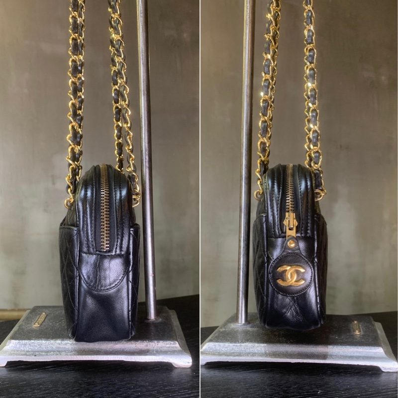 香奈兒菱格紋雙鏈帶單肩包 Chanel Vintage Black Gold Diamond Quilted With 24k Gold-Plate Double Chain Camera Bag-2