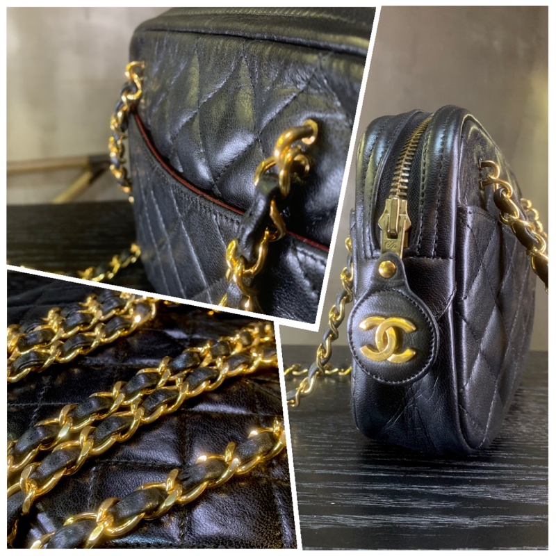 香奈兒菱格紋雙鏈帶單肩包 Chanel Vintage Black Gold Diamond Quilted With 24k Gold-Plate Double Chain Camera Bag-4