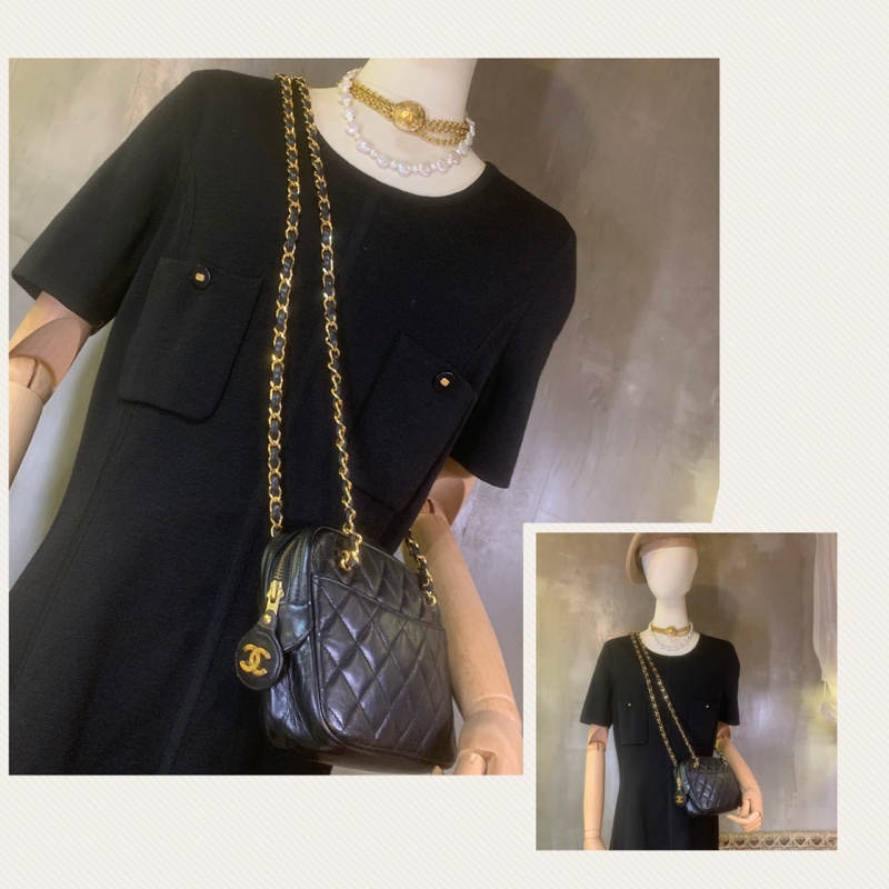 香奈兒菱格紋雙鏈帶單肩包 Chanel Vintage Black Gold Diamond Quilted With 24k Gold-Plate Double Chain Camera Bag-6