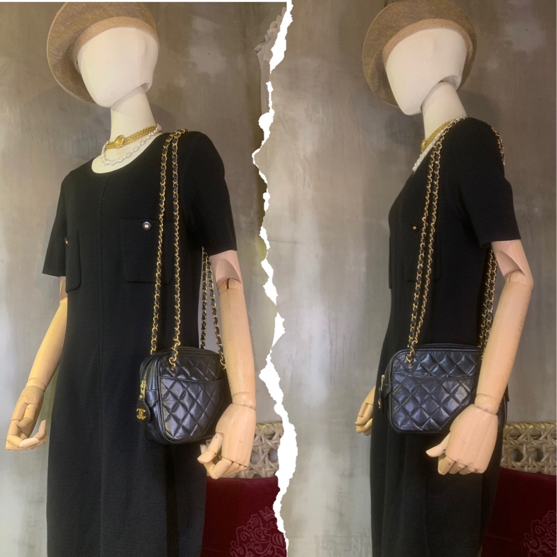 香奈兒菱格紋雙鏈帶單肩包 Chanel Vintage Black Gold Diamond Quilted With 24k Gold-Plate Double Chain Camera Bag-7