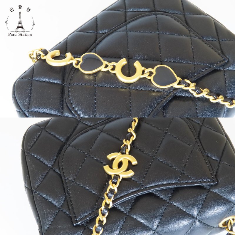 【巴黎站二手名牌專賣店】＊現貨＊CHANEL香奈兒真品＊黑色菱格紋牛皮愛心鏈方胖子斜背鍊包 口蓋包-6