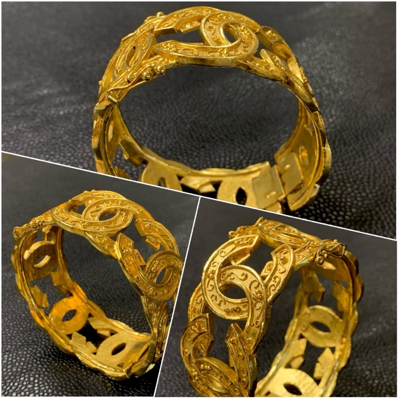 Rare Chanel Vintage Grapevine Motif Cuff Bracelet In 24k Gold-Plate 香奈兒全CC Logo葡萄藤手鐲-2