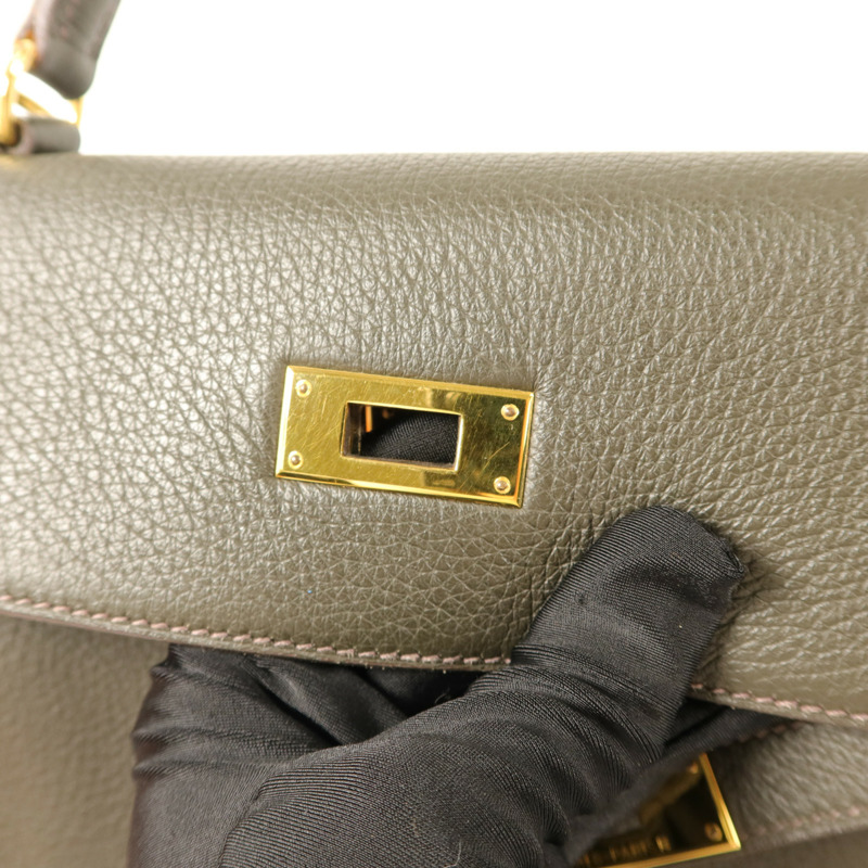 HERMES Clemence皮革Kelly 32手挽袋Vert de Gris-17