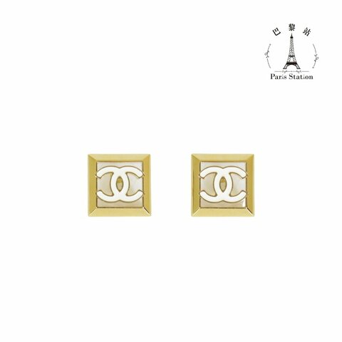 【巴黎站二手名牌專賣店】＊現貨＊CHANEL 香奈兒 真品＊金色方框白色琺瑯雙C針式耳環