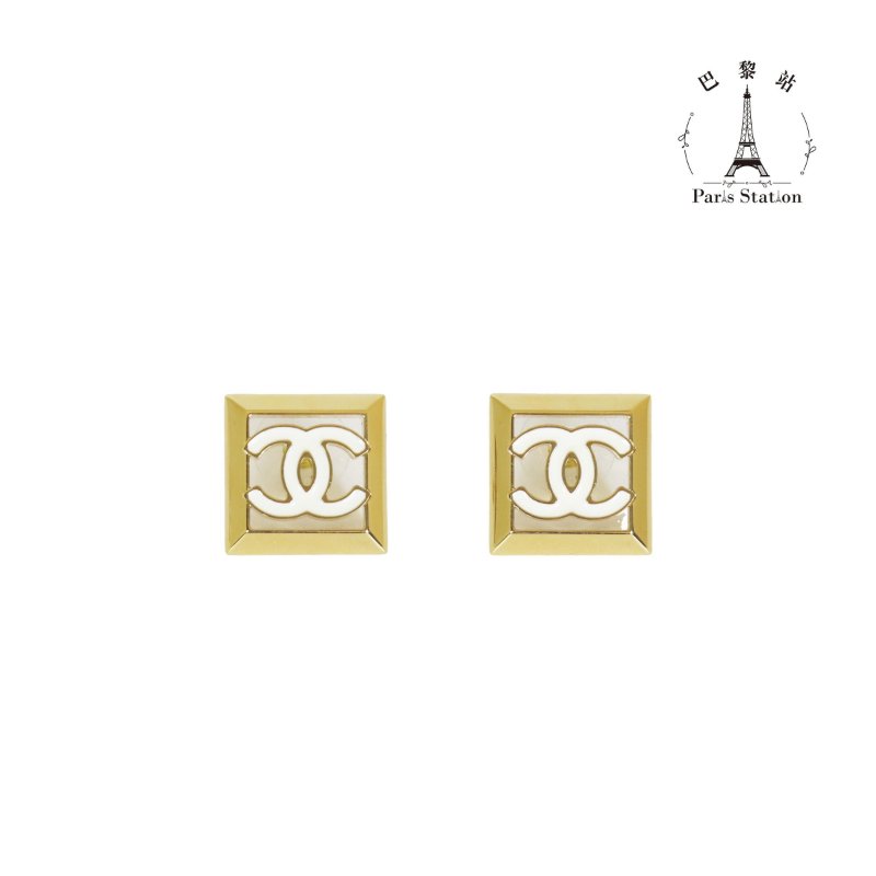 【巴黎站二手名牌專賣店】＊現貨＊CHANEL 香奈兒 真品＊金色方框白色琺瑯雙C針式耳環-0