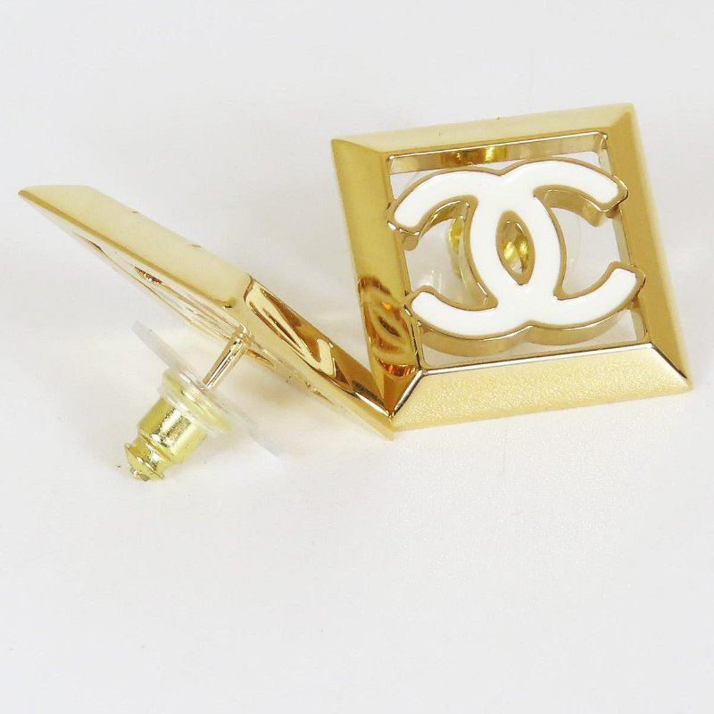 【巴黎站二手名牌專賣店】＊現貨＊CHANEL 香奈兒 真品＊金色方框白色琺瑯雙C針式耳環-4