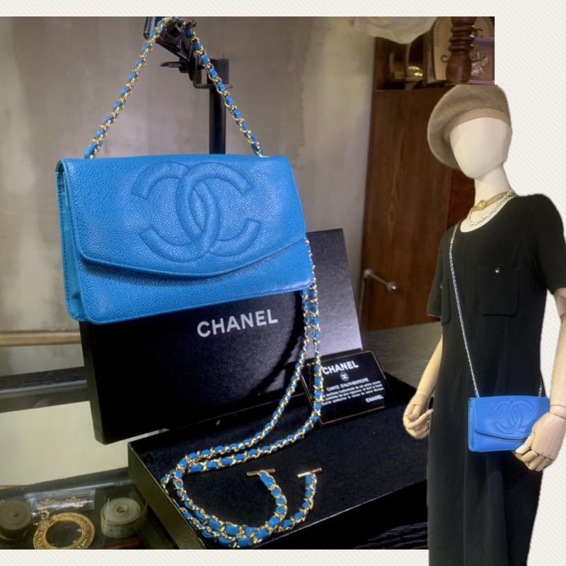 中古香奈兒天藍魚子醬小包/斜孭包 Chanel Vintage Caviar CC Logo Pouch + Chain/ Shoulder Bag In SkyBlue （Full set)-0