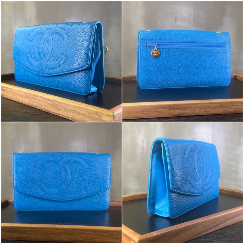 中古香奈兒天藍魚子醬小包/斜孭包 Chanel Vintage Caviar CC Logo Pouch + Chain/ Shoulder Bag In SkyBlue （Full set)-1