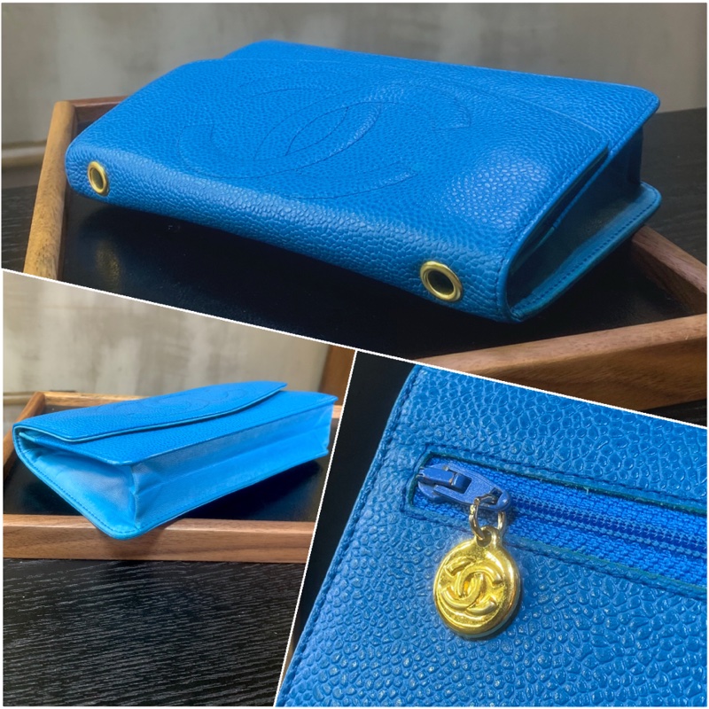 中古香奈兒天藍魚子醬小包/斜孭包 Chanel Vintage Caviar CC Logo Pouch + Chain/ Shoulder Bag In SkyBlue （Full set)-2