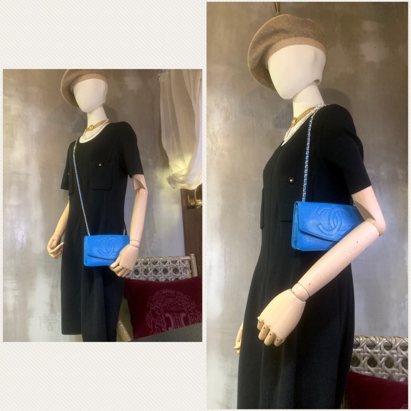 中古香奈兒天藍魚子醬小包/斜孭包 Chanel Vintage Caviar CC Logo Pouch + Chain/ Shoulder Bag In SkyBlue （Full set)-5