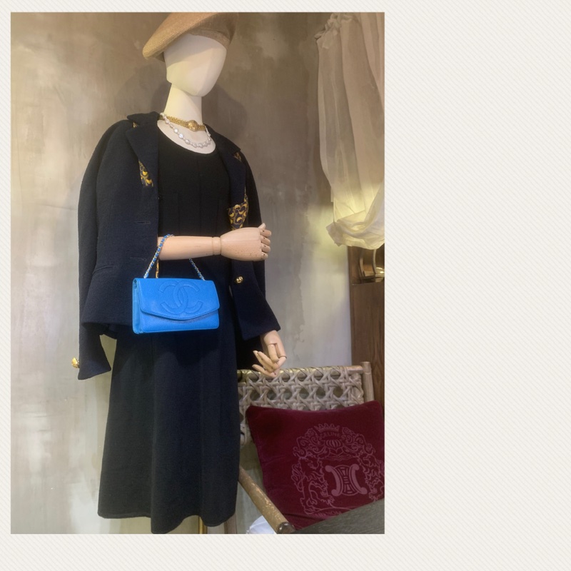 中古香奈兒天藍魚子醬小包/斜孭包 Chanel Vintage Caviar CC Logo Pouch + Chain/ Shoulder Bag In SkyBlue （Full set)-6