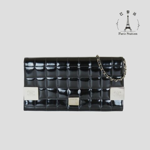 【巴黎站二手名牌專賣店】＊現貨＊CHANEL香奈兒真品＊黑漆皮方格橫式三折鏈包 手拿包肩背包晚宴包
