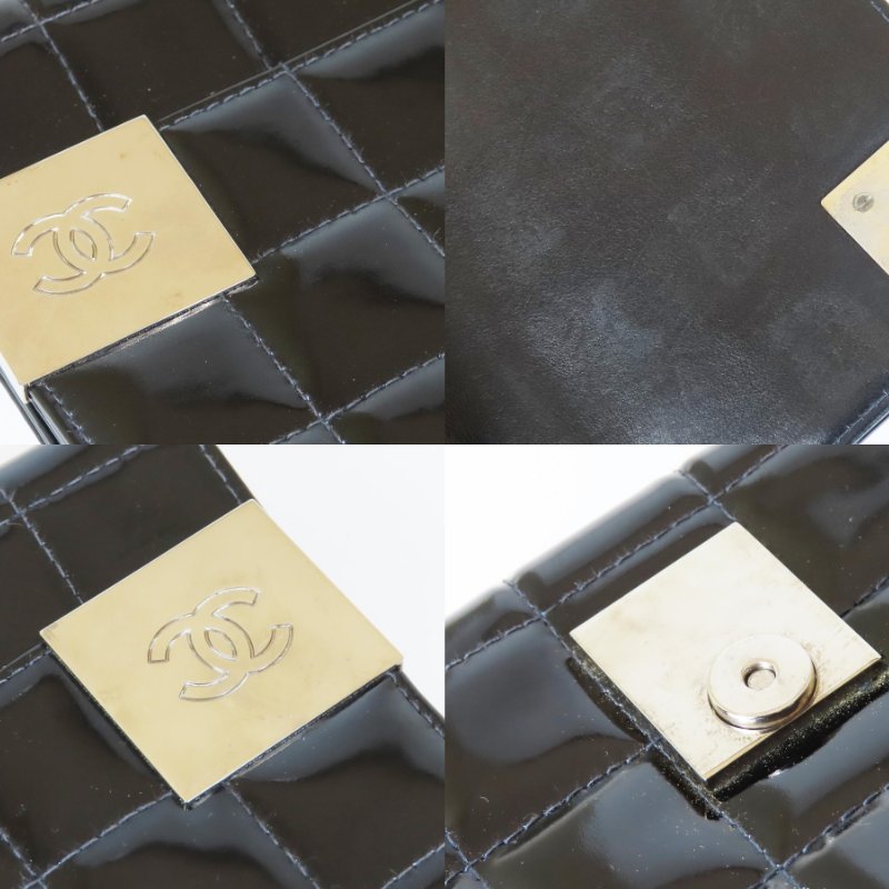 【巴黎站二手名牌專賣店】＊現貨＊CHANEL香奈兒真品＊黑漆皮方格橫式三折鏈包 手拿包肩背包晚宴包-5