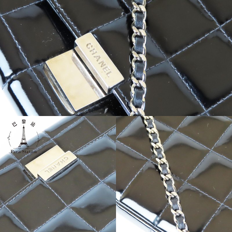 【巴黎站二手名牌專賣店】＊現貨＊CHANEL香奈兒真品＊黑漆皮方格橫式三折鏈包 手拿包肩背包晚宴包-6
