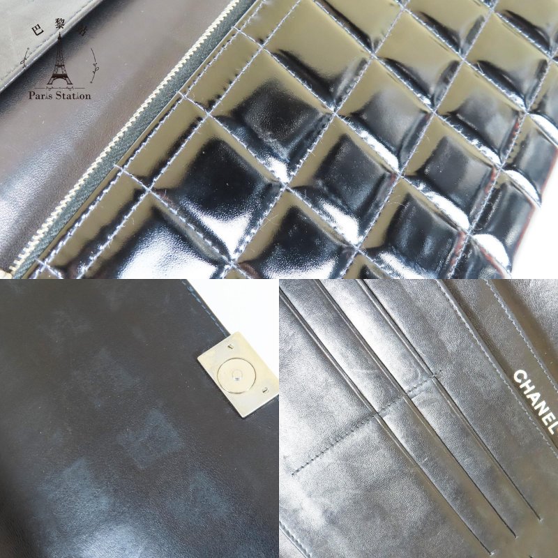 【巴黎站二手名牌專賣店】＊現貨＊CHANEL香奈兒真品＊黑漆皮方格橫式三折鏈包 手拿包肩背包晚宴包-7
