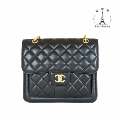 【巴黎站二手名牌專賣店】＊現貨＊CHANEL香奈兒真品＊黑色菱格紋皮革口蓋後背包