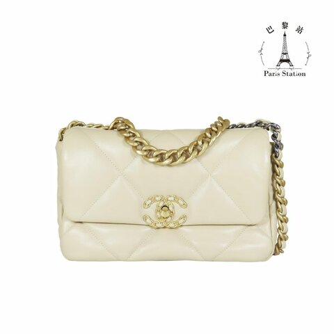【巴黎站二手名牌專賣店】＊現貨＊CHANEL 香奈兒 真品＊AS1160奶茶色皮革19系列金釦26手提斜背包