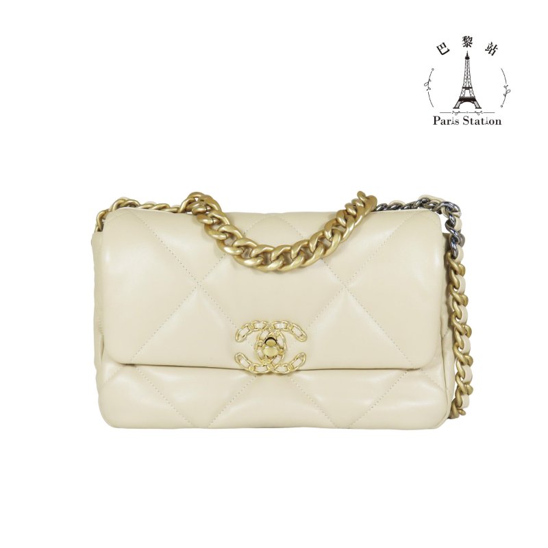 【巴黎站二手名牌專賣店】＊現貨＊CHANEL 香奈兒 真品＊AS1160奶茶色皮革19系列金釦26手提斜背包-0