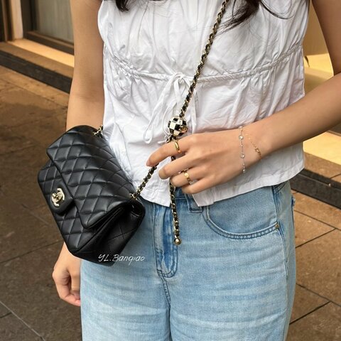 Y2029-CHANEL 黑羊皮淡金釦足球釦Coco20 AS1787