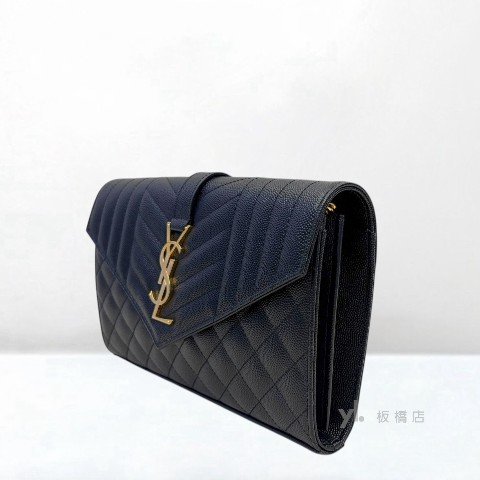 Y2034-YSL  黑色荔枝皮金釦信封下蓋練包-3