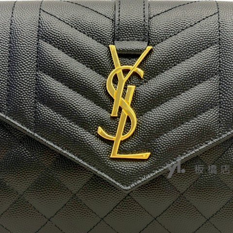Y2034-YSL  黑色荔枝皮金釦信封下蓋練包-6