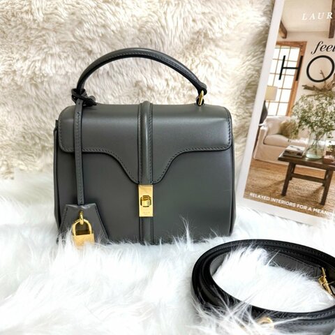CELINE 16 手袋 灰色 牛皮 小號 金扣