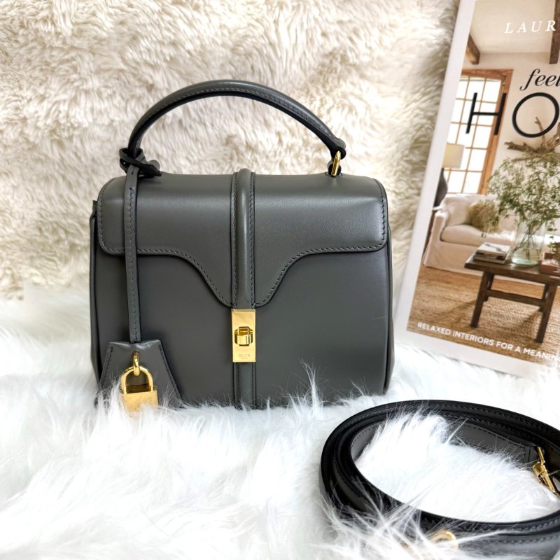 CELINE 16 手袋 灰色 牛皮 小號 金扣-0