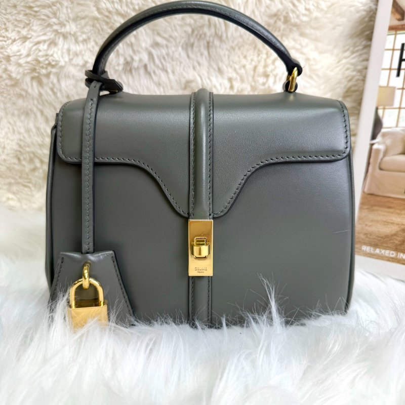 CELINE 16 手袋 灰色 牛皮 小號 金扣-1
