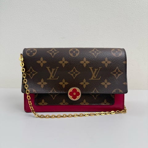 ✨正品，Louis Vuitton/路易威登 FLORE 棕色塗層老花帆布鏈條斜挎包小花包