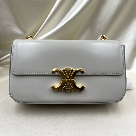 CELINE賽琳 Triomphe 金屬鏈條 亮澤牛皮革 手袋斜挎手提單肩包 法棍包 女款 白色 長20.5cm寬4cm高10.5cm