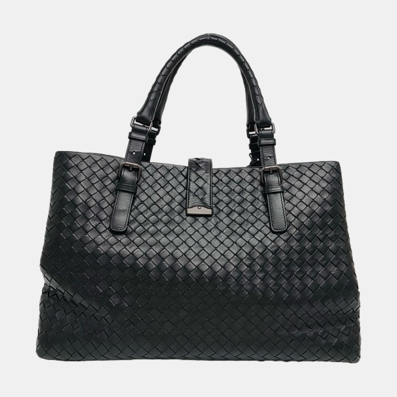 葆蝶家BOTTEGA VENETA Roma 黑色牛皮編織手提包 黑色五金 2條可拆卸肩帶-3