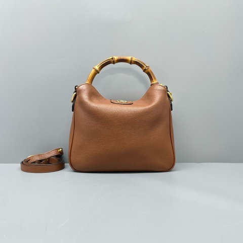 古馳/GUCCI Diana 中號 棕色牛皮竹節手提包斜挎包
