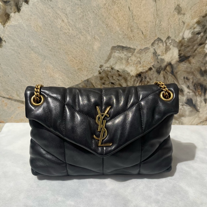 YSL Black黑色羊皮Puffer淡金釦鏈包-0