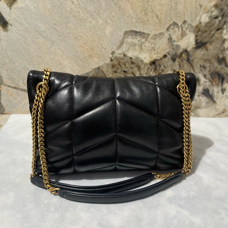 YSL Black黑色羊皮Puffer淡金釦鏈包-2